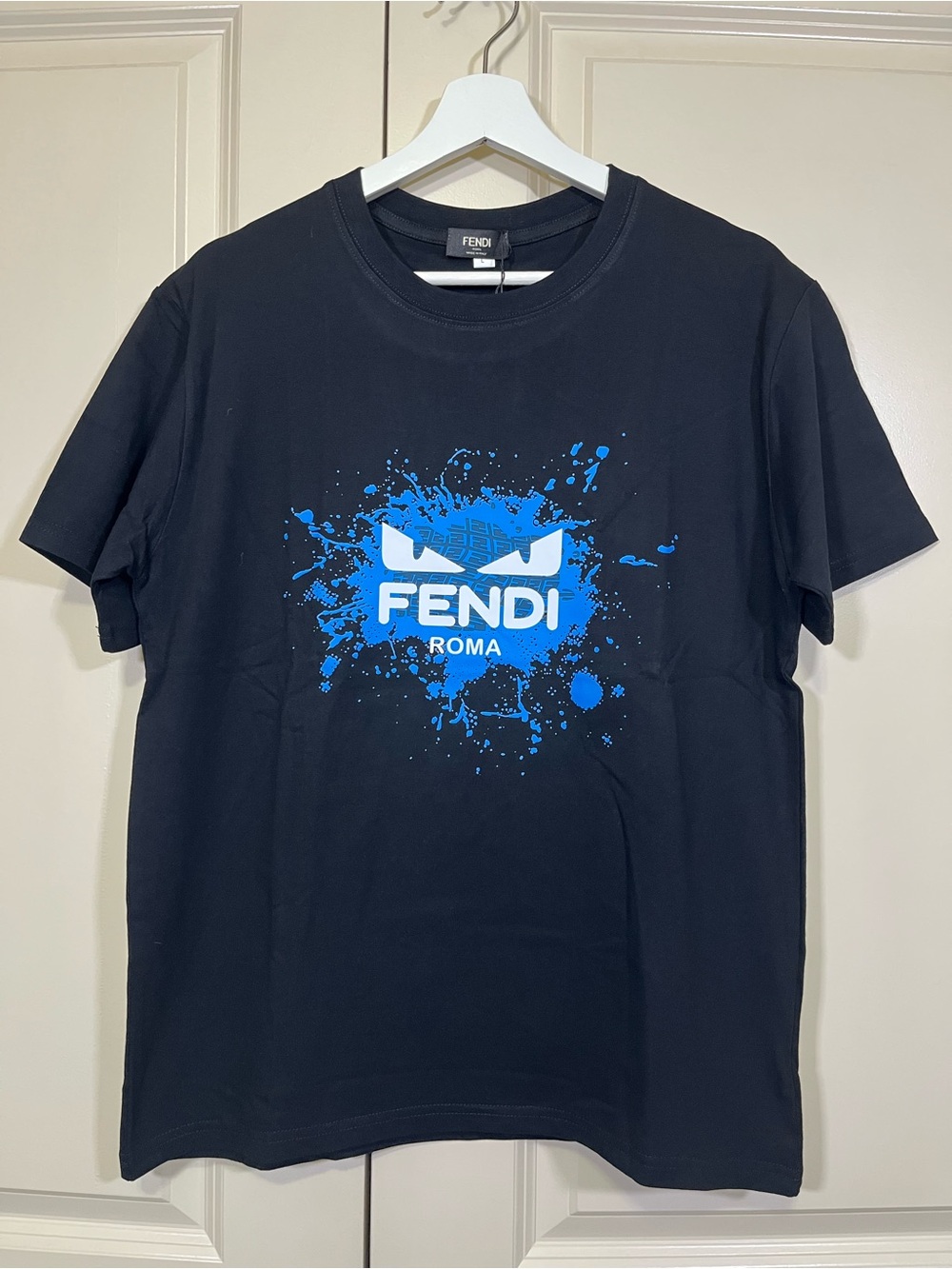 Fendi Black T-Shirt with Bright Blue Splash Logo